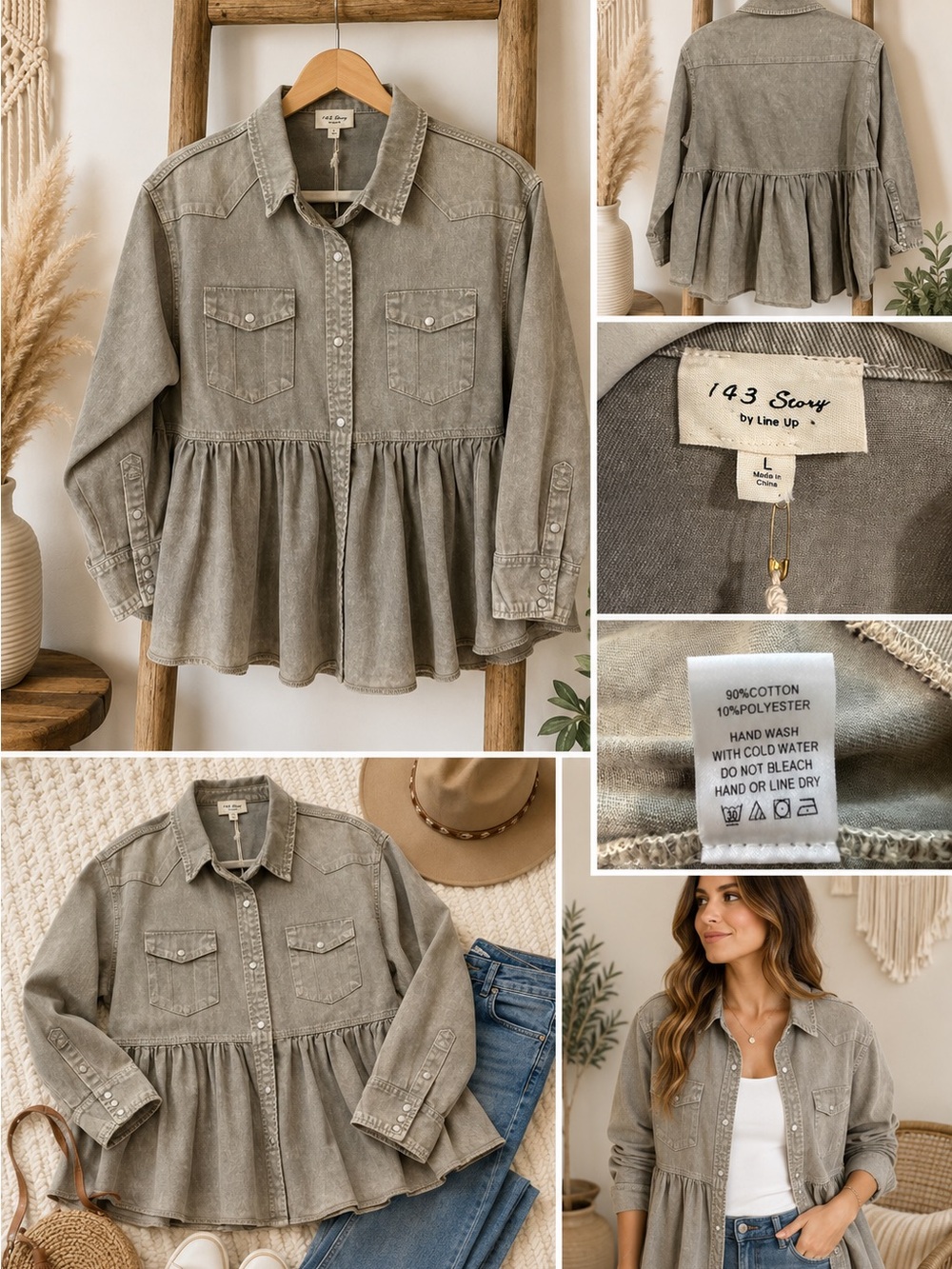 1.4.3. Story by Line Up Size L Washed Grey Peplum Button-Up Pearl Snaps Tinic